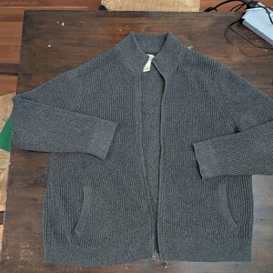 L.L. Bean Organic Cotton Full Zip Cardigan Sweater Grey XXL Reg 508221 Textured